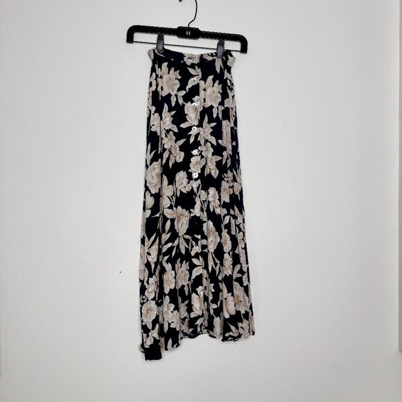 WORTHINGTON | Navy Button-Down Midi Skirt with Cream White Florals - 4 - Picture 1 of 8